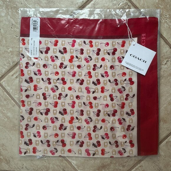 COACH SCULPTED C CHERRIES PRINT SILK BANDANA SCARF:NWT CDG76 CHALK/RED - Picture 9 of 9
